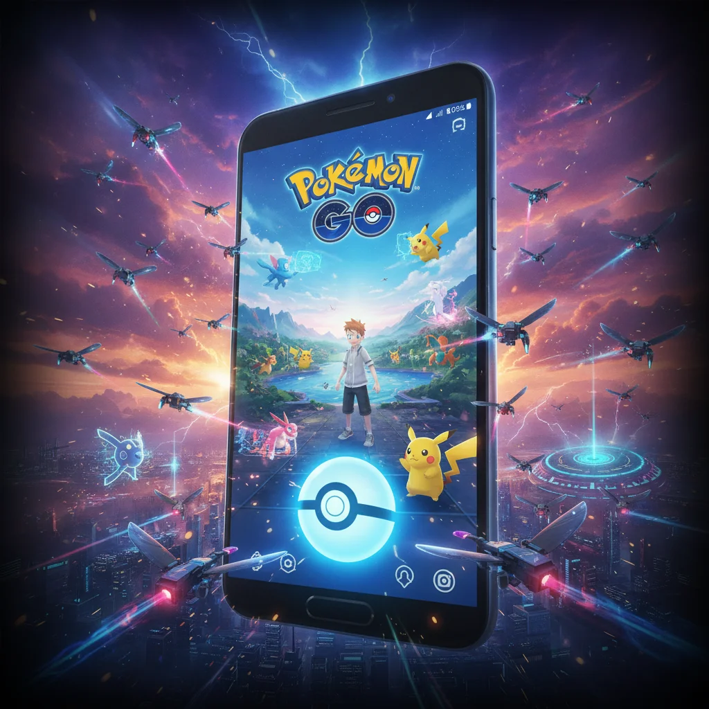 Gros plan sur un smartphone affichant l'interface de Pokémon GO, avec un arrière-plan flou d'une ville animée.
